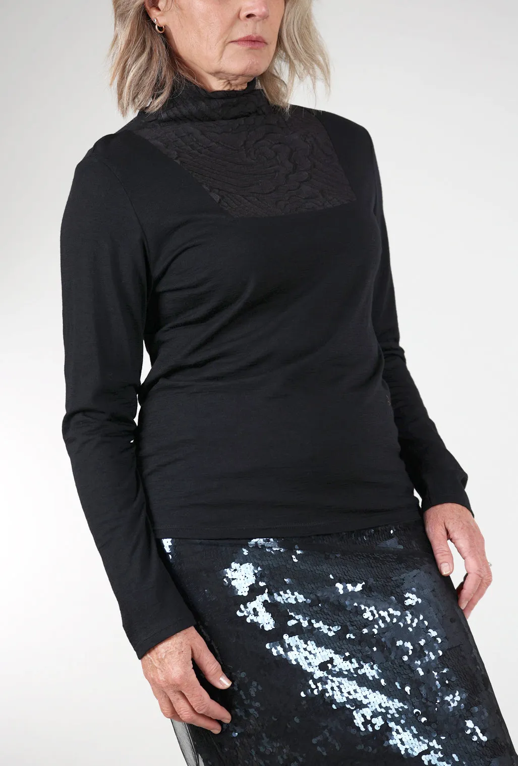 Riverbed Inset Tneck Sweater, Black