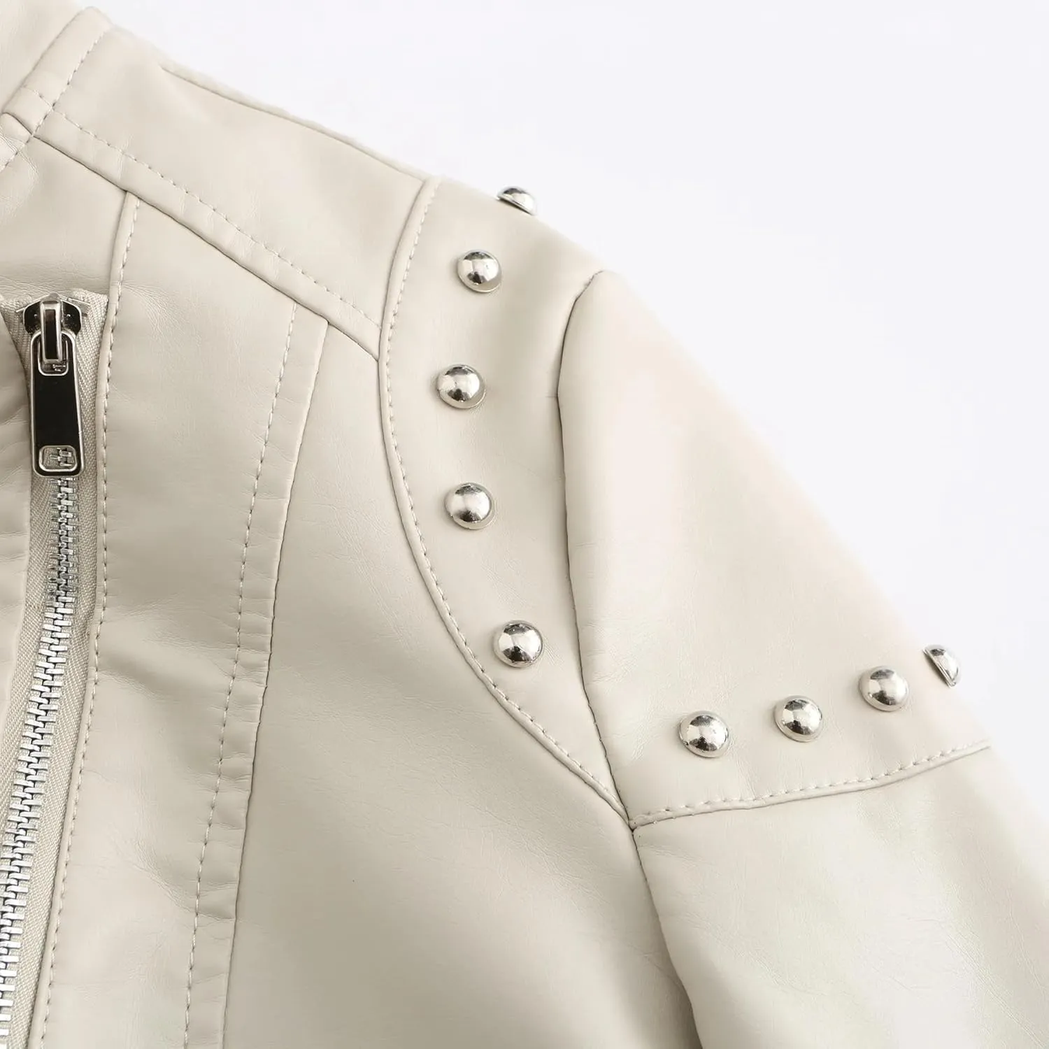 Rivet Motorcycle Coat For Women Moto Biker Zipper Jacket Autumn Faux Leather Jacket Women Red EN8 Black Beige