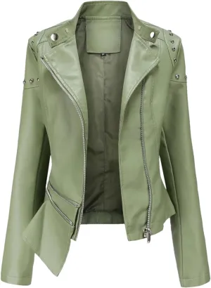 Rivet Motorcycle Coat For Women Moto Biker Zipper Jacket Autumn Faux Leather Jacket Women Red EN8 Black Beige