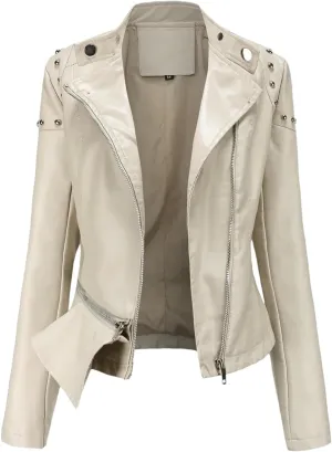 Rivet Motorcycle Coat For Women Moto Biker Zipper Jacket Autumn Faux Leather Jacket Women Red EN8 Black Beige
