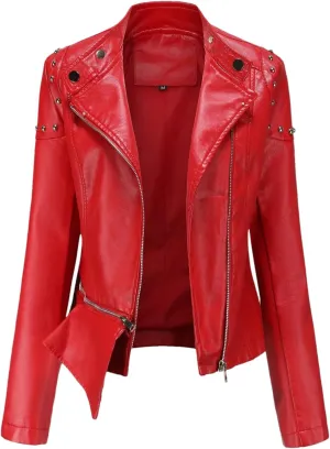 Rivet Motorcycle Coat For Women Moto Biker Zipper Jacket Autumn Faux Leather Jacket Women Red EN8 Black Beige