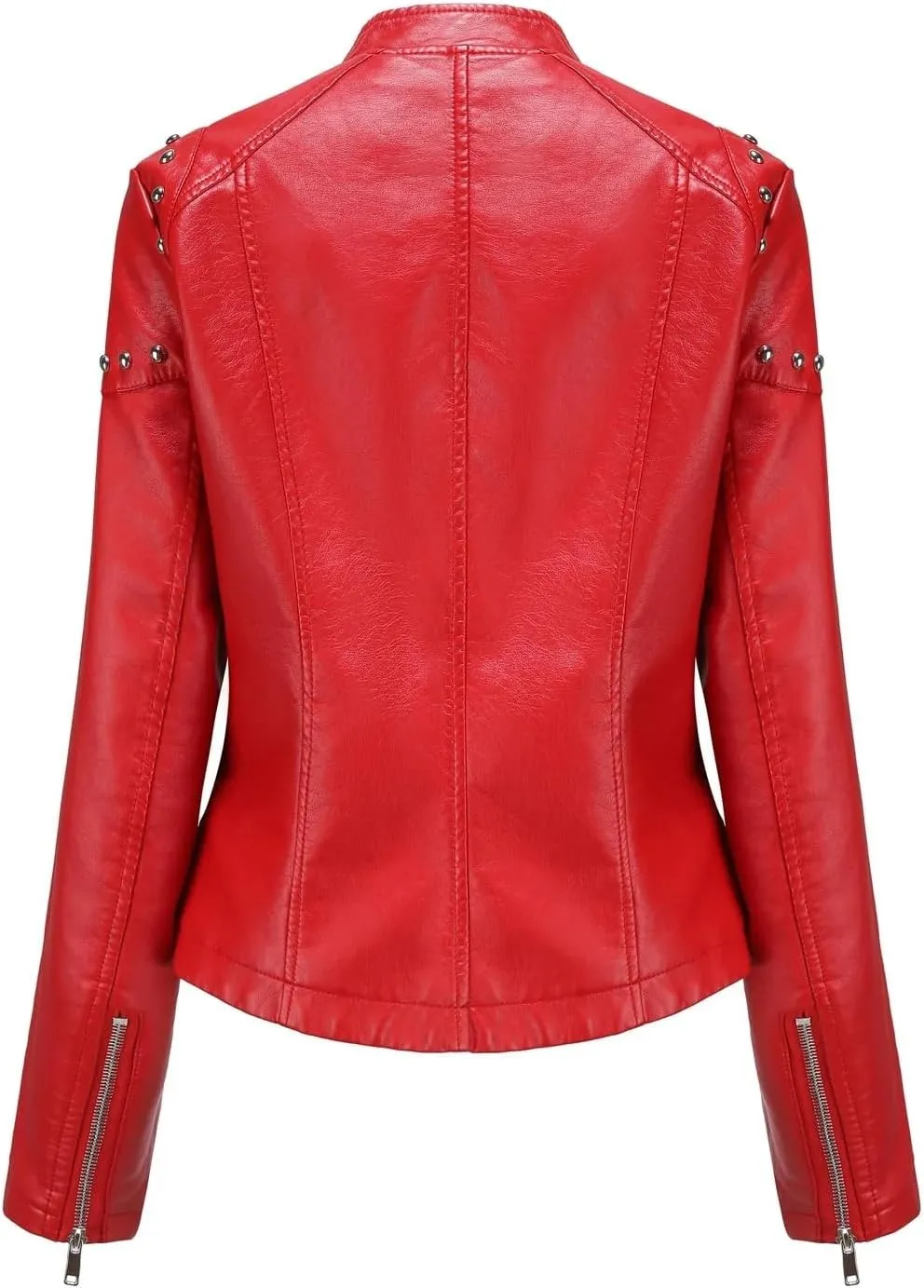 Rivet Motorcycle Coat For Women Moto Biker Zipper Jacket Autumn Faux Leather Jacket Women Red EN8 Black Beige