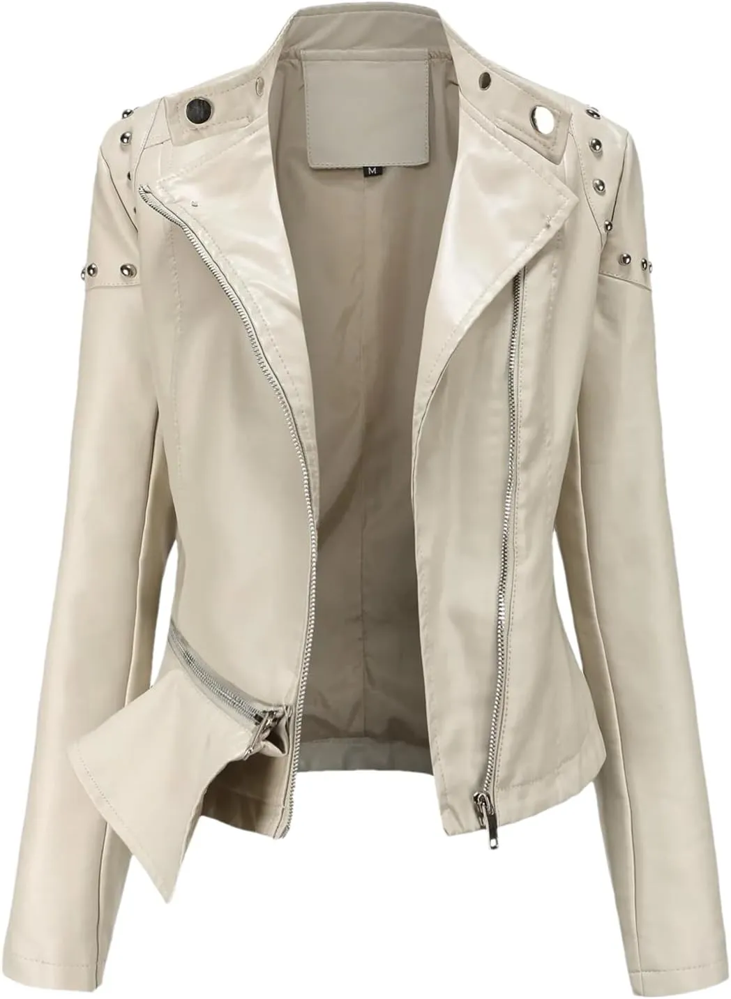 Rivet Motorcycle Coat For Women Moto Biker Zipper Jacket Autumn Faux Leather Jacket Women Red EN8 Black Beige