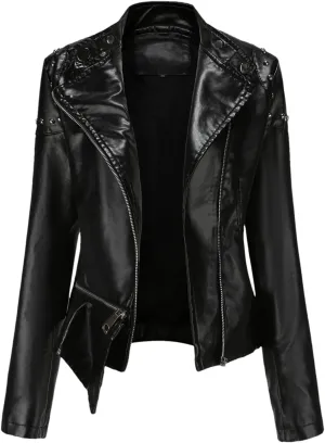 Rivet Motorcycle Coat For Women Moto Biker Zipper Jacket Autumn Faux Leather Jacket Women Red EN8 Black Beige