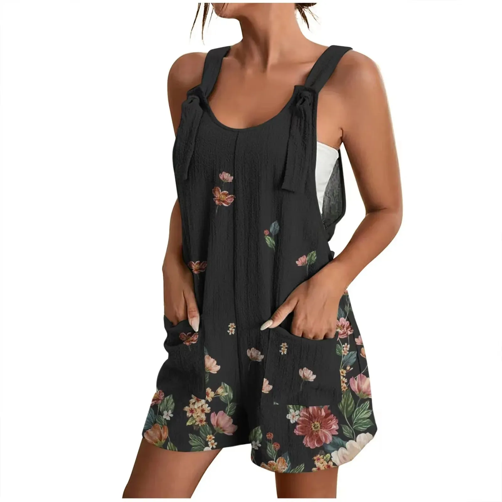 Rompers for Women Summer Wide Leg Jumpsuits Tie Knot Strap Shorts Romper Comfy Casual Overalls with Pockets
