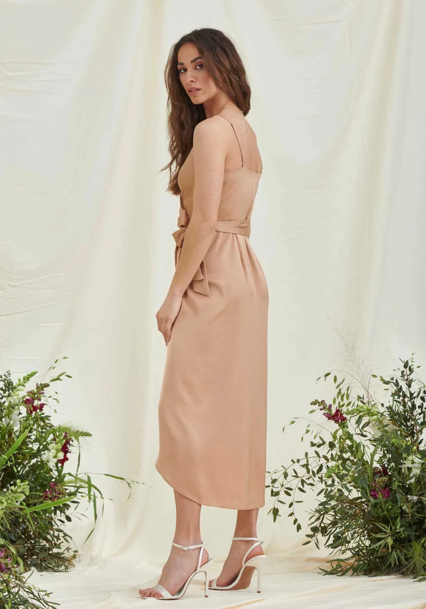 Rosa Tie Side Satin Cami Wrap Dress in Nude - Luxe Collection