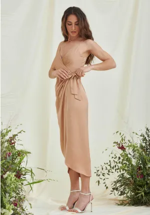Rosa Tie Side Satin Cami Wrap Dress in Nude - Luxe Collection