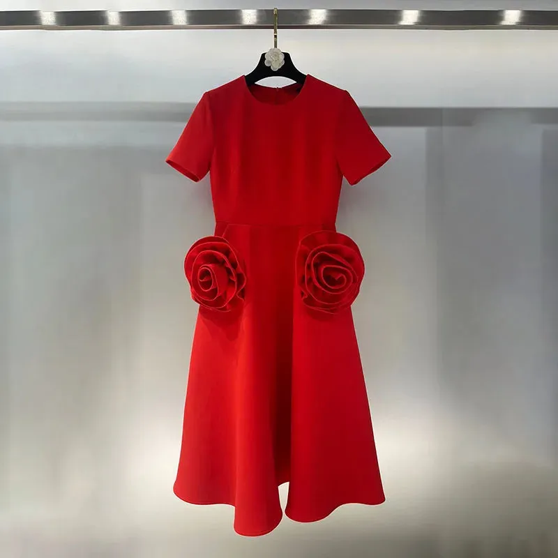 Rose flowers round neck short sleeve dress