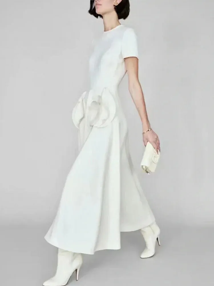 Rose flowers round neck short sleeve dress