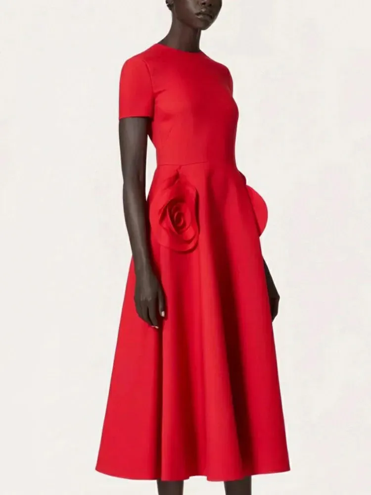 Rose flowers round neck short sleeve dress
