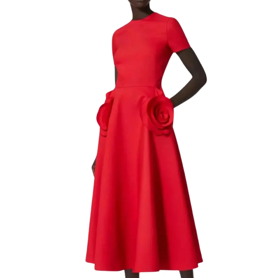 Rose flowers round neck short sleeve dress