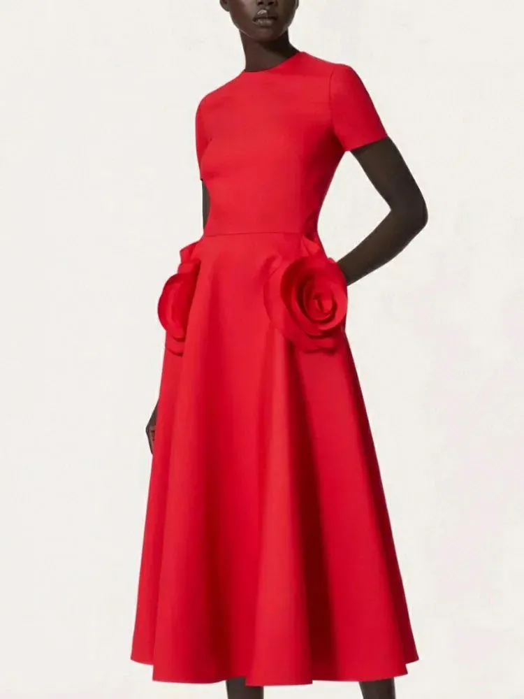 Rose flowers round neck short sleeve dress
