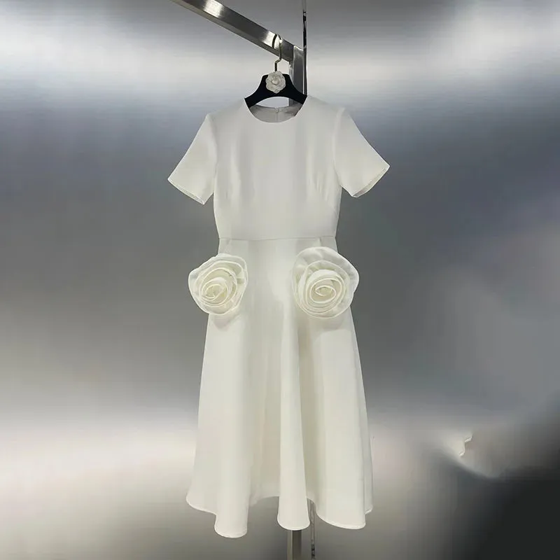 Rose flowers round neck short sleeve dress