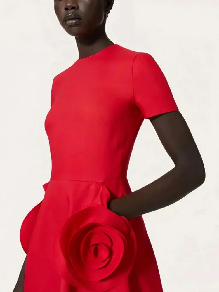 Rose flowers round neck short sleeve dress