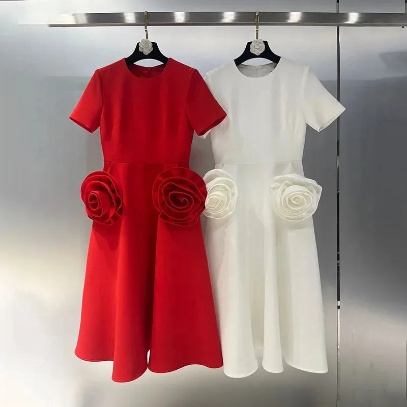 Rose flowers round neck short sleeve dress