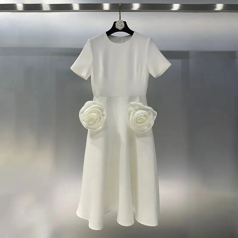 Rose flowers round neck short sleeve dress