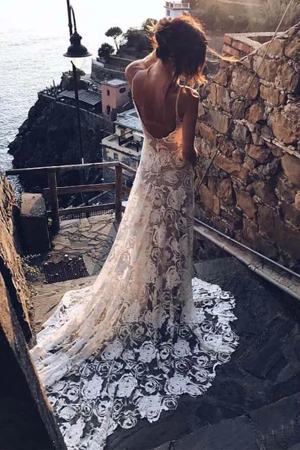 Rose Lace A-line Spaghetti Straps Sweetheart Beach Wedding Dresses, SW506