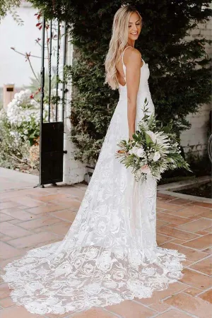 Rose Lace A-line Spaghetti Straps Sweetheart Beach Wedding Dresses, SW506