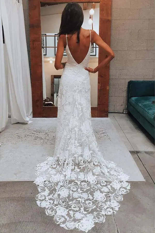 Rose Lace A-line Spaghetti Straps Sweetheart Beach Wedding Dresses, SW506