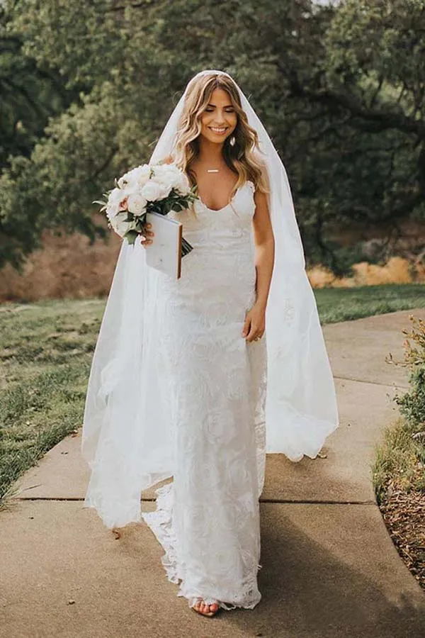 Rose Lace A-line Spaghetti Straps Sweetheart Beach Wedding Dresses, SW506