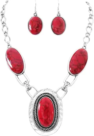 Rosemarie Collections Womens Western Chic Statement Oval Semi Precious Howlite Stone Concho Necklace Earring Jewelry Set, 17" 3" Extender