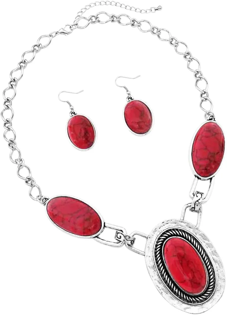 Rosemarie Collections Womens Western Chic Statement Oval Semi Precious Howlite Stone Concho Necklace Earring Jewelry Set, 17" 3" Extender