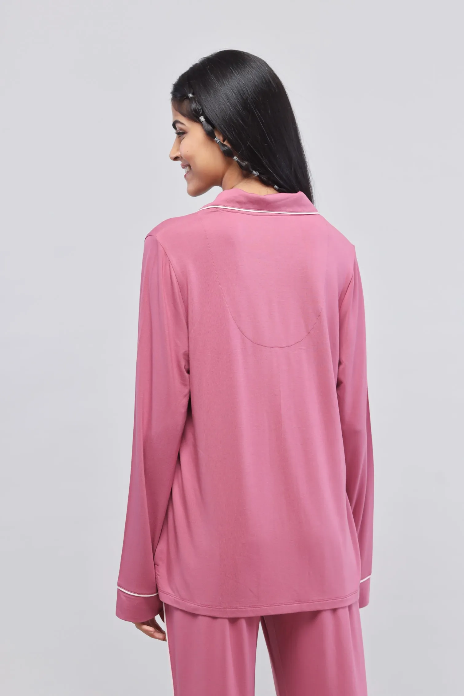 Rosy Pink Button-Down Piping Full Sleeves Top