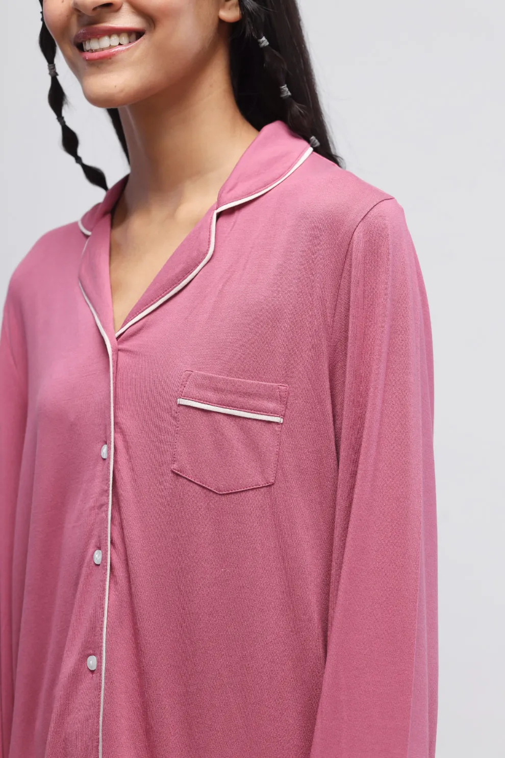 Rosy Pink Button-Down Piping Full Sleeves Top