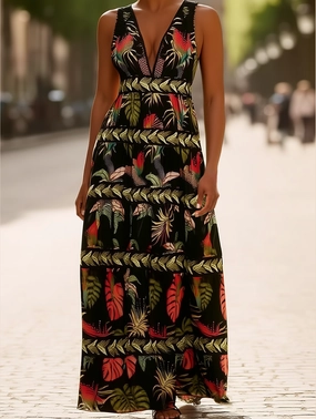 Rota Boho Tropical Print Plunge V-Neck Maxi Dress ??Sleeveless Vacation Style Rota Boho Tropical Print Plunge V-Neck Maxi Dress ??Sleeveless Vacation Style
