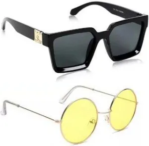 Round, Rectangular Sunglasses (For Men & Women, Black, Yellow)