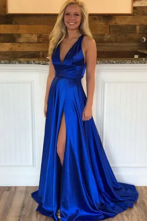 Royal Blue A Line Split Prom Dresses, V Neck Long Formal Party Dress PFP0467