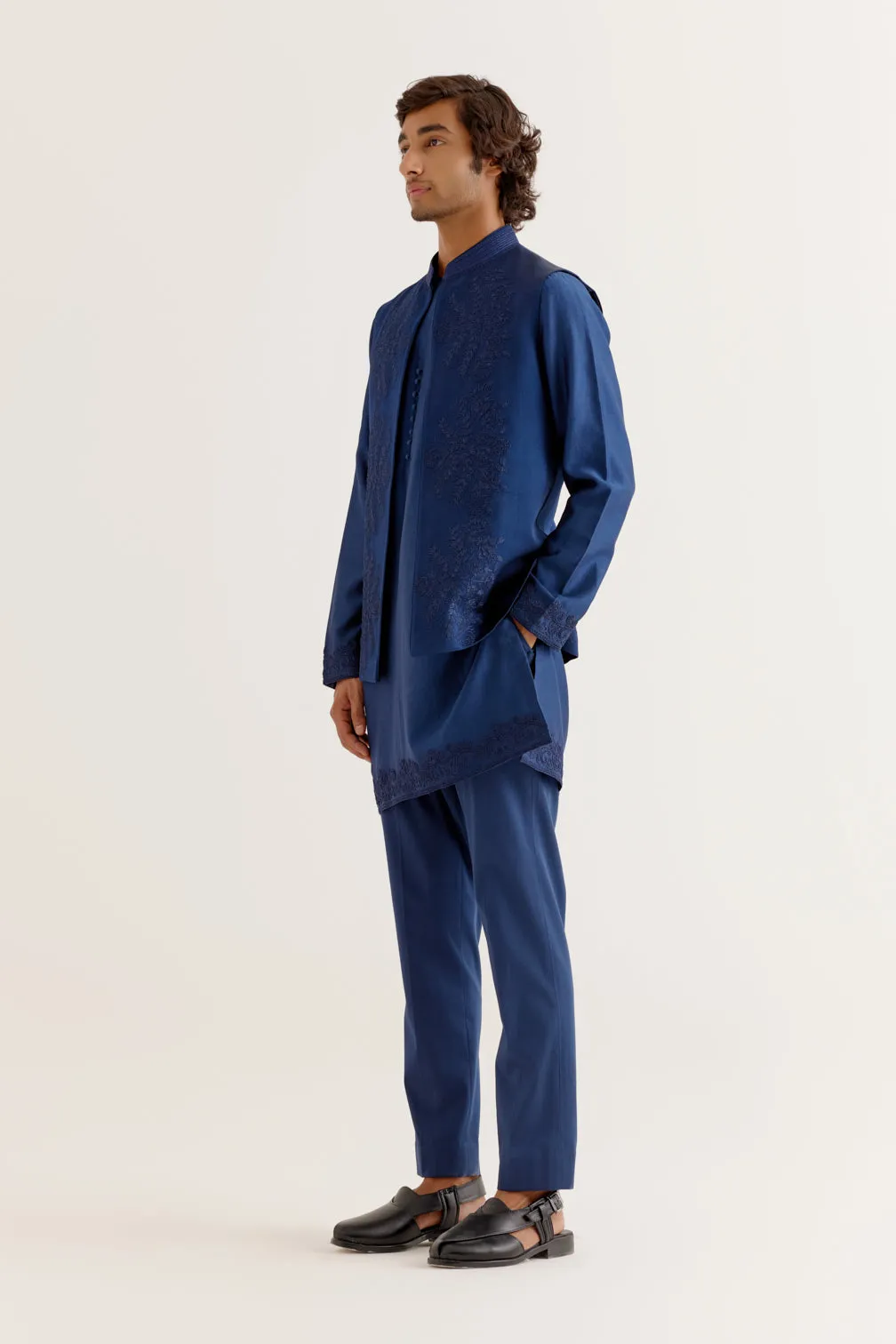 Royal Blue Dori Embroidered Kurta and Bundi Set