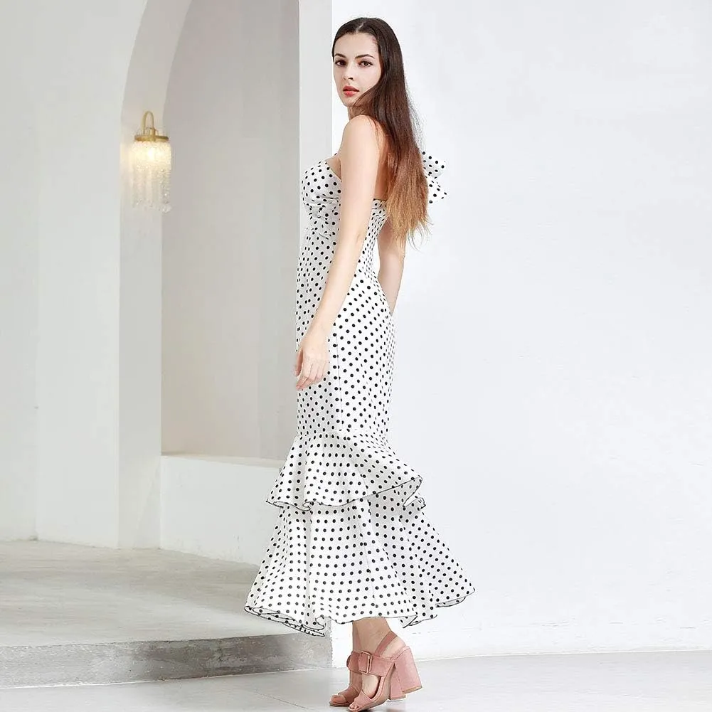 ROYAL SMEELA Polka Dot Dress for Women Ruffle One Shoulder Dress Chiffon Elegant Party Evening Dresses Long Cocktail Dress