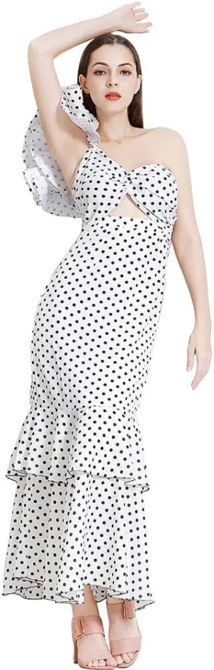 ROYAL SMEELA Polka Dot Dress for Women Ruffle One Shoulder Dress Chiffon Elegant Party Evening Dresses Long Cocktail Dress