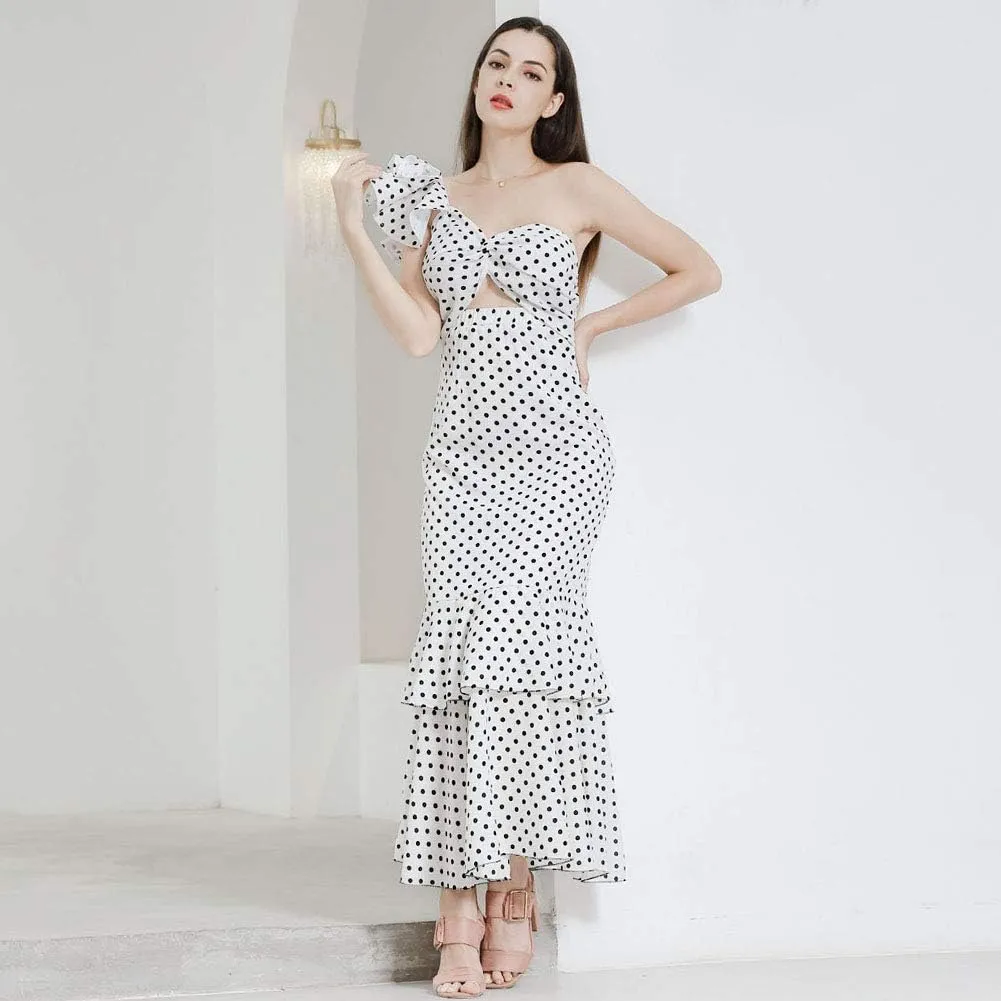 ROYAL SMEELA Polka Dot Dress for Women Ruffle One Shoulder Dress Chiffon Elegant Party Evening Dresses Long Cocktail Dress