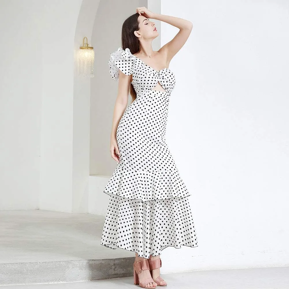 ROYAL SMEELA Polka Dot Dress for Women Ruffle One Shoulder Dress Chiffon Elegant Party Evening Dresses Long Cocktail Dress
