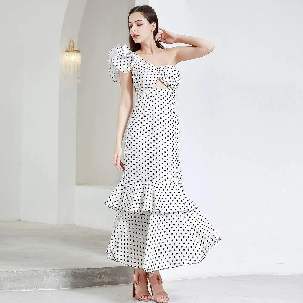 ROYAL SMEELA Polka Dot Dress for Women Ruffle One Shoulder Dress Chiffon Elegant Party Evening Dresses Long Cocktail Dress