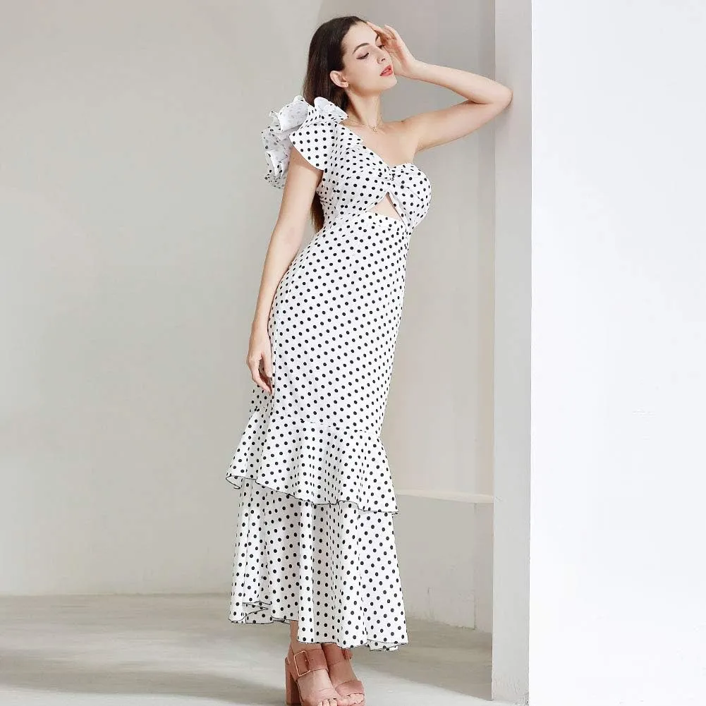 ROYAL SMEELA Polka Dot Dress for Women Ruffle One Shoulder Dress Chiffon Elegant Party Evening Dresses Long Cocktail Dress