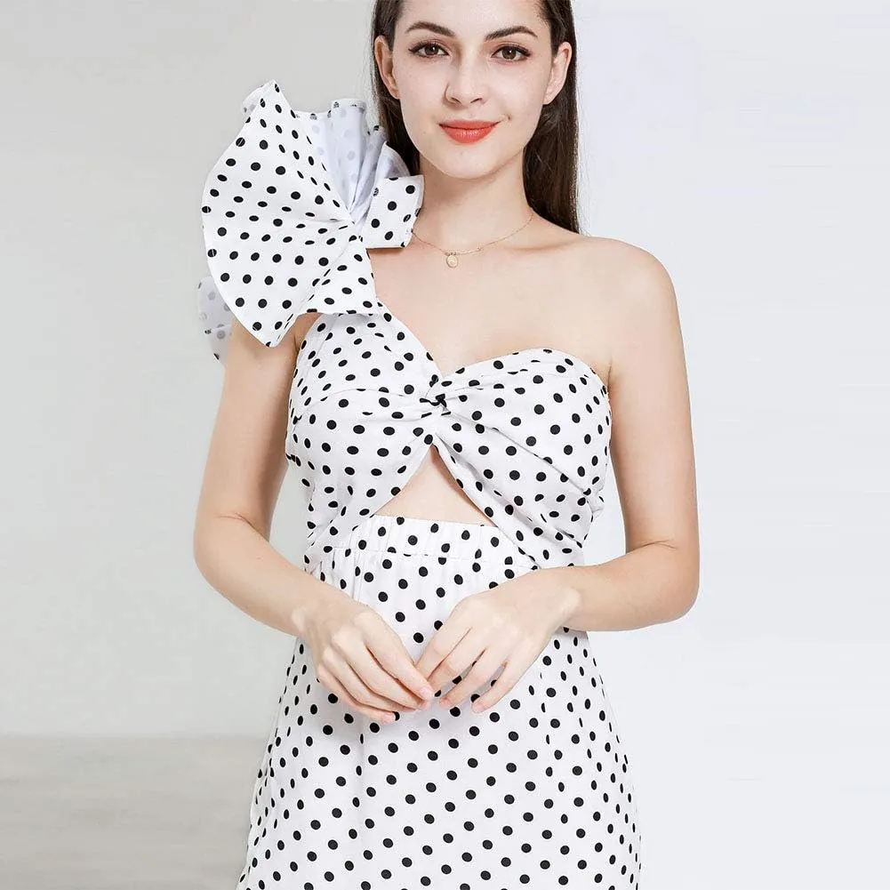 ROYAL SMEELA Polka Dot Dress for Women Ruffle One Shoulder Dress Chiffon Elegant Party Evening Dresses Long Cocktail Dress