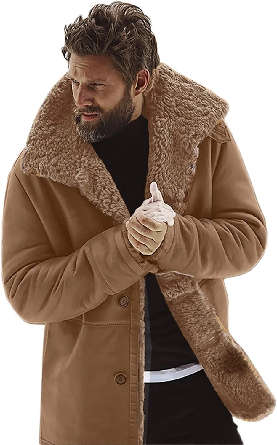 RTRDE Men's Coats Trench Coat Sherpa Fleece Lined Pea Coat Winter Warm Long Jacket Coats, M-3XL