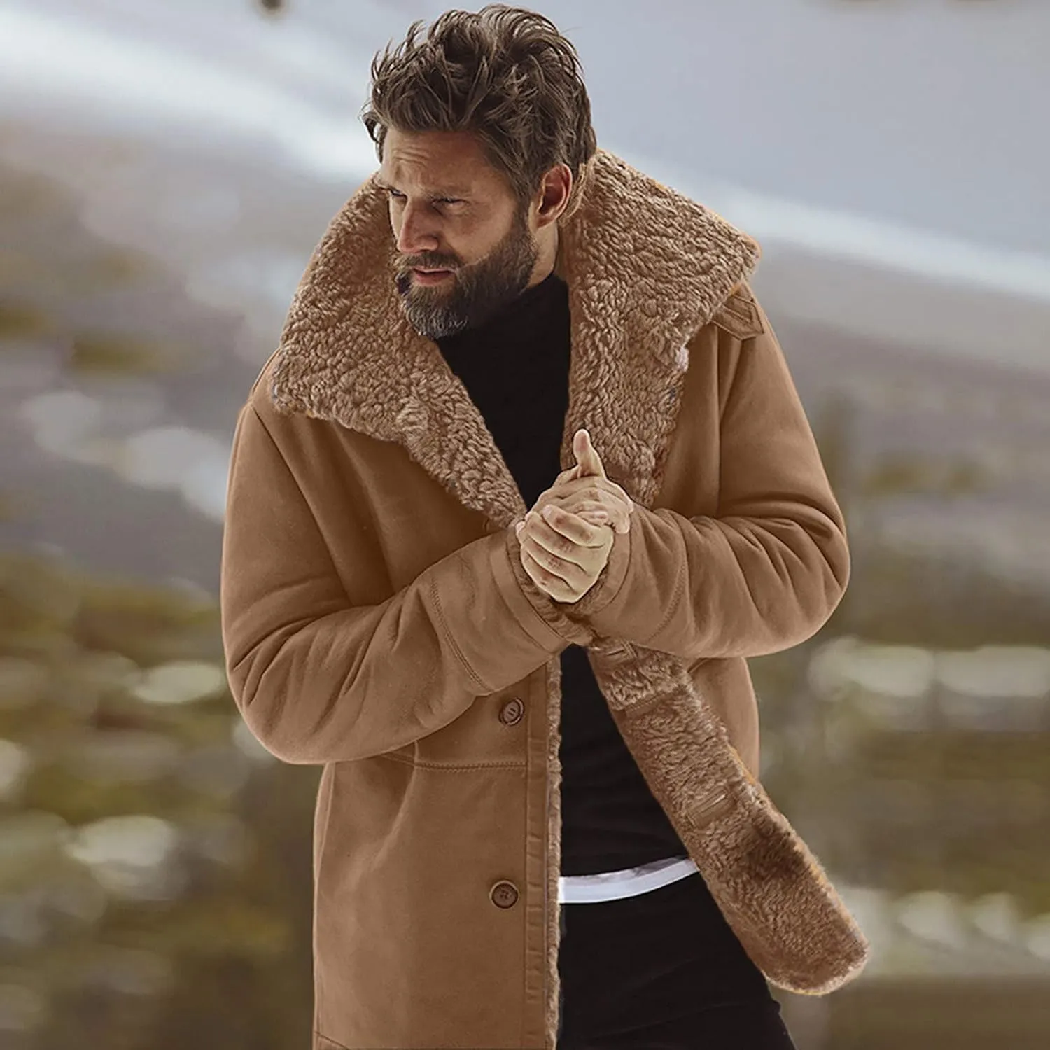 RTRDE Men's Coats Trench Coat Sherpa Fleece Lined Pea Coat Winter Warm Long Jacket Coats, M-3XL