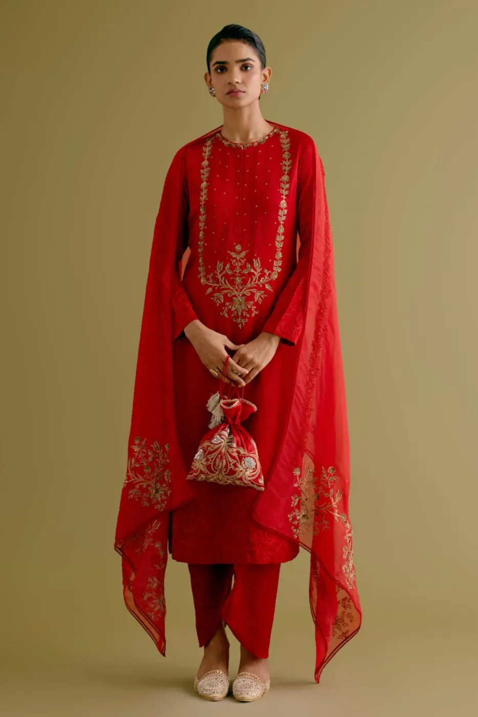 Ruby Red Dori and Sequins Embroidered Kurta and Dhoti Set