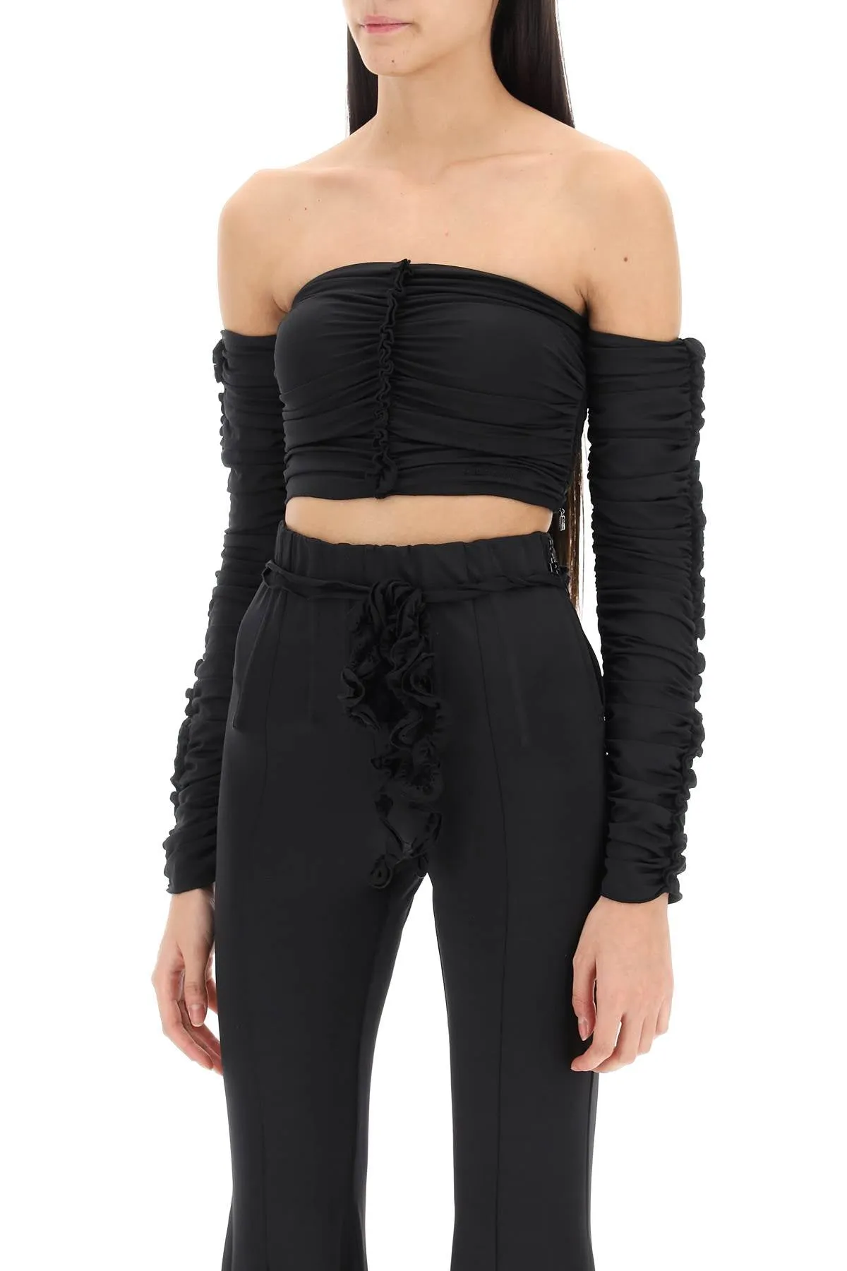 ruched off-shoulder cropped top 111873100 BLACK