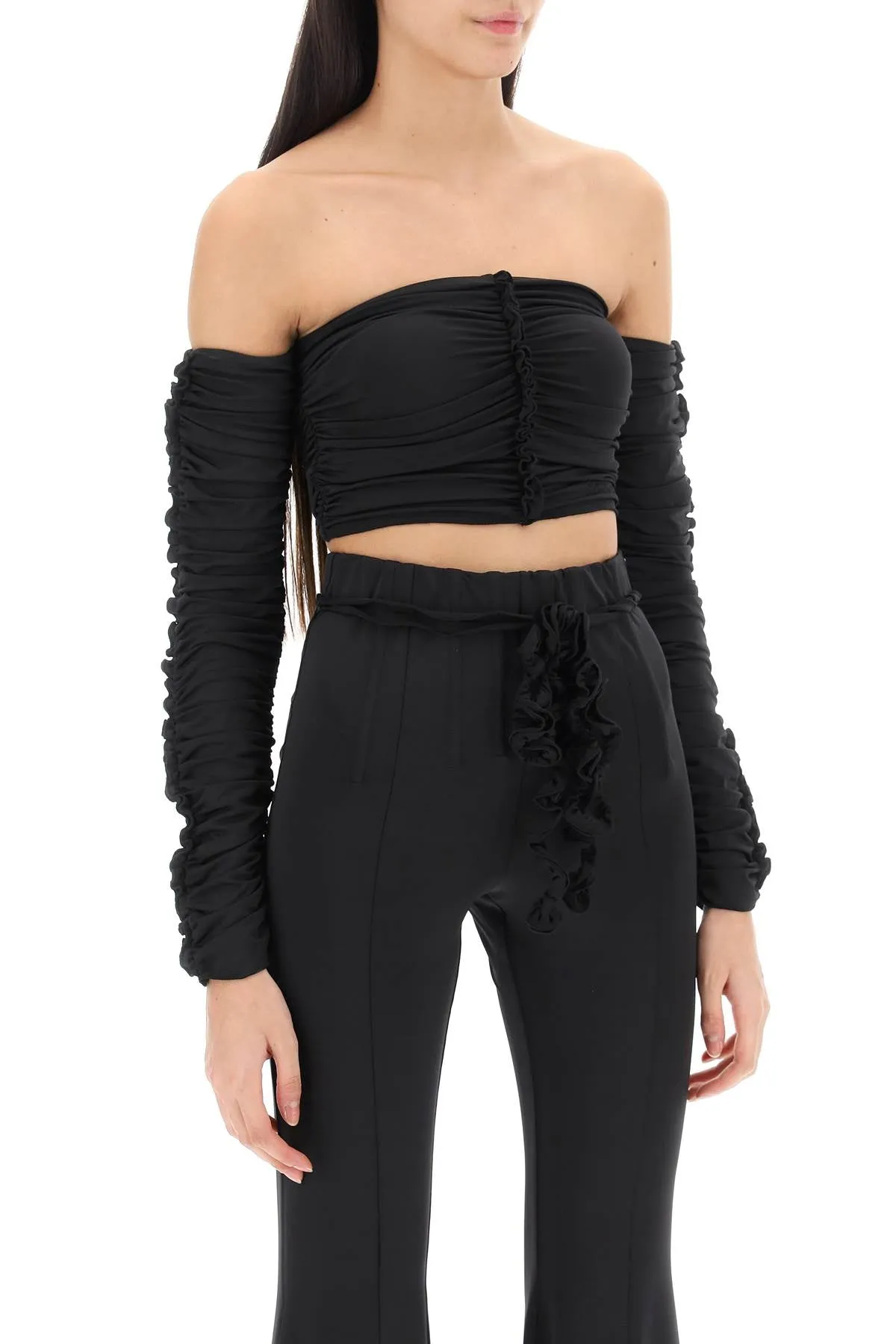 ruched off-shoulder cropped top 111873100 BLACK