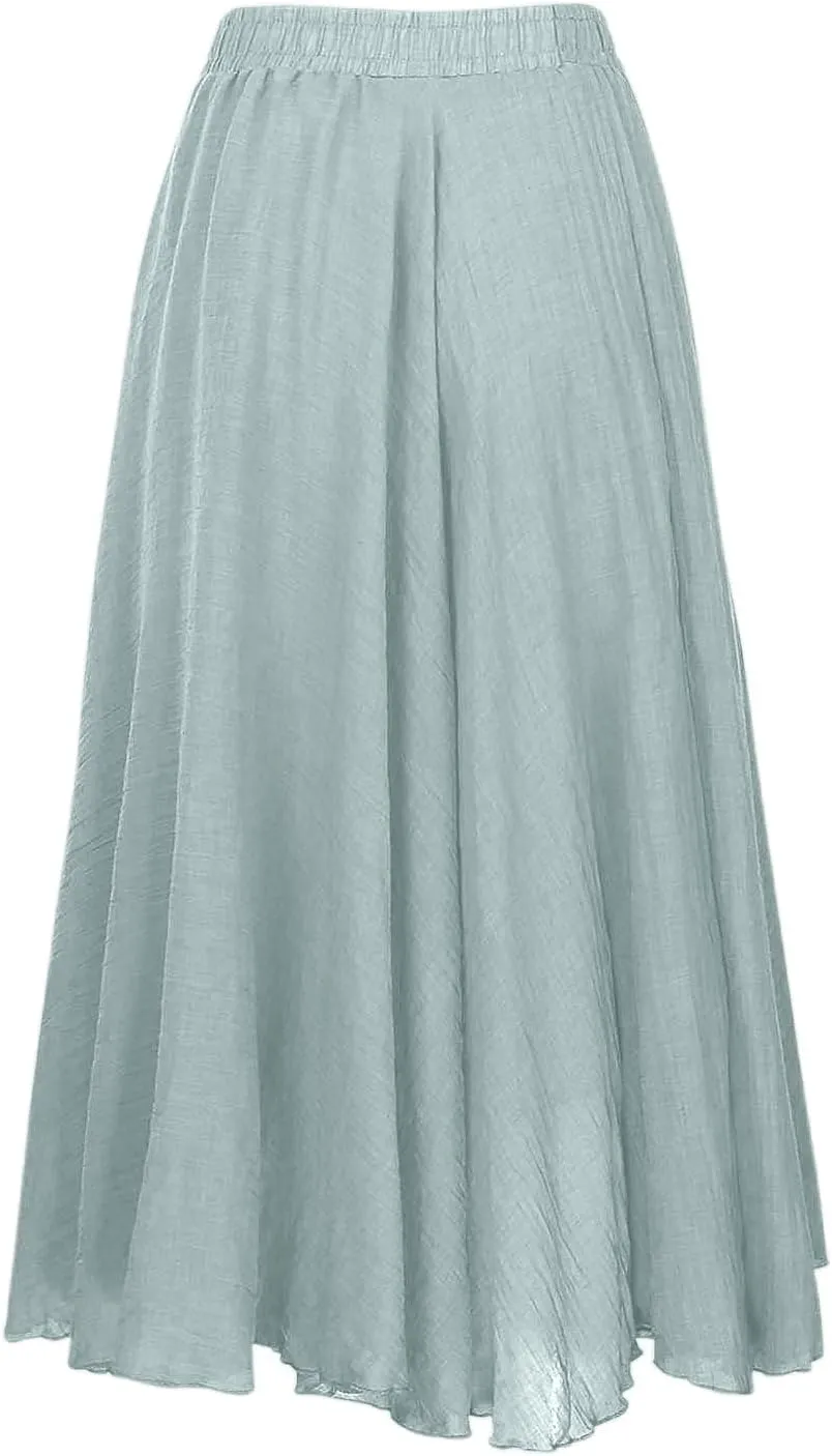 Ruffle Skirt Trendy Flared High Elastic Waist Solid Loose Pleated Long Skirts for Women Summer Vacation Clothes
