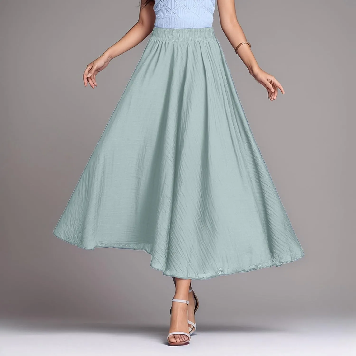 Ruffle Skirt Trendy Flared High Elastic Waist Solid Loose Pleated Long Skirts for Women Summer Vacation Clothes