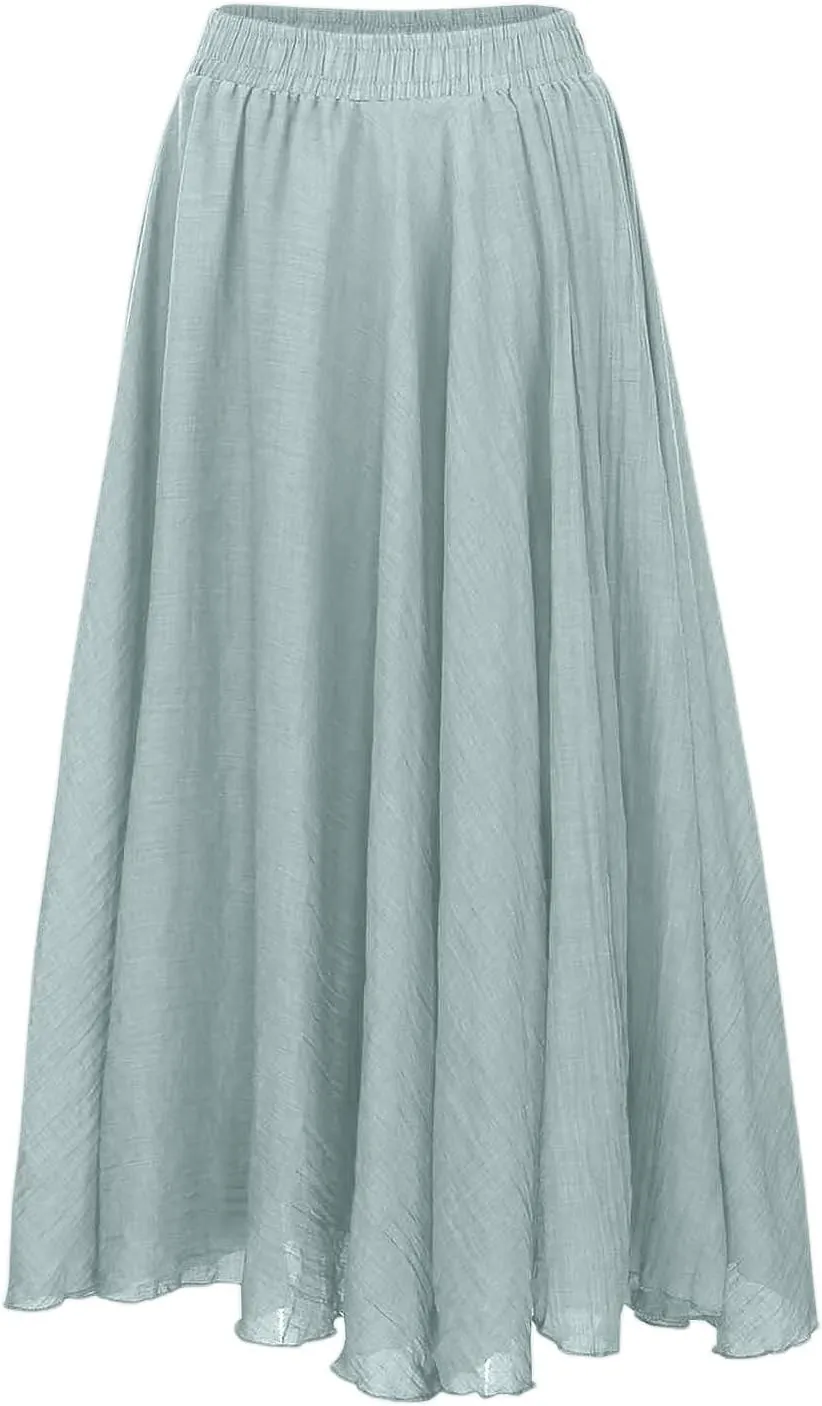 Ruffle Skirt Trendy Flared High Elastic Waist Solid Loose Pleated Long Skirts for Women Summer Vacation Clothes
