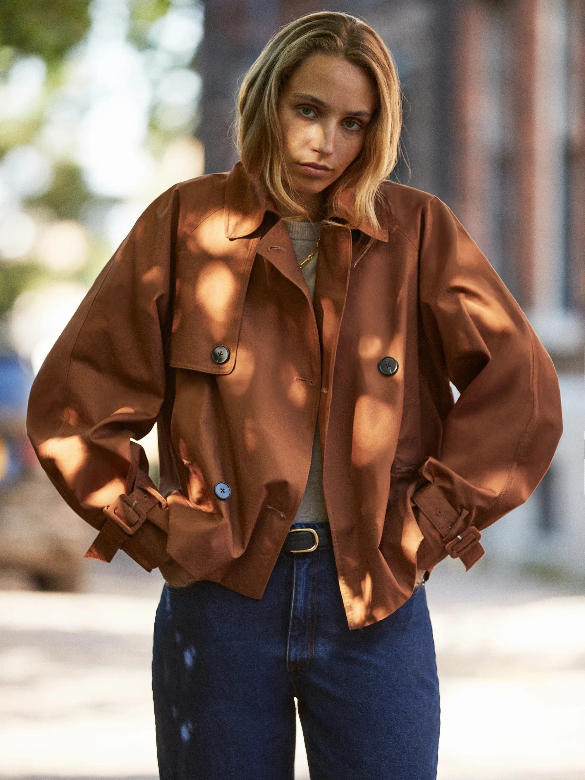 Rust Cropped Cotton Voluminous Sleeve Trench