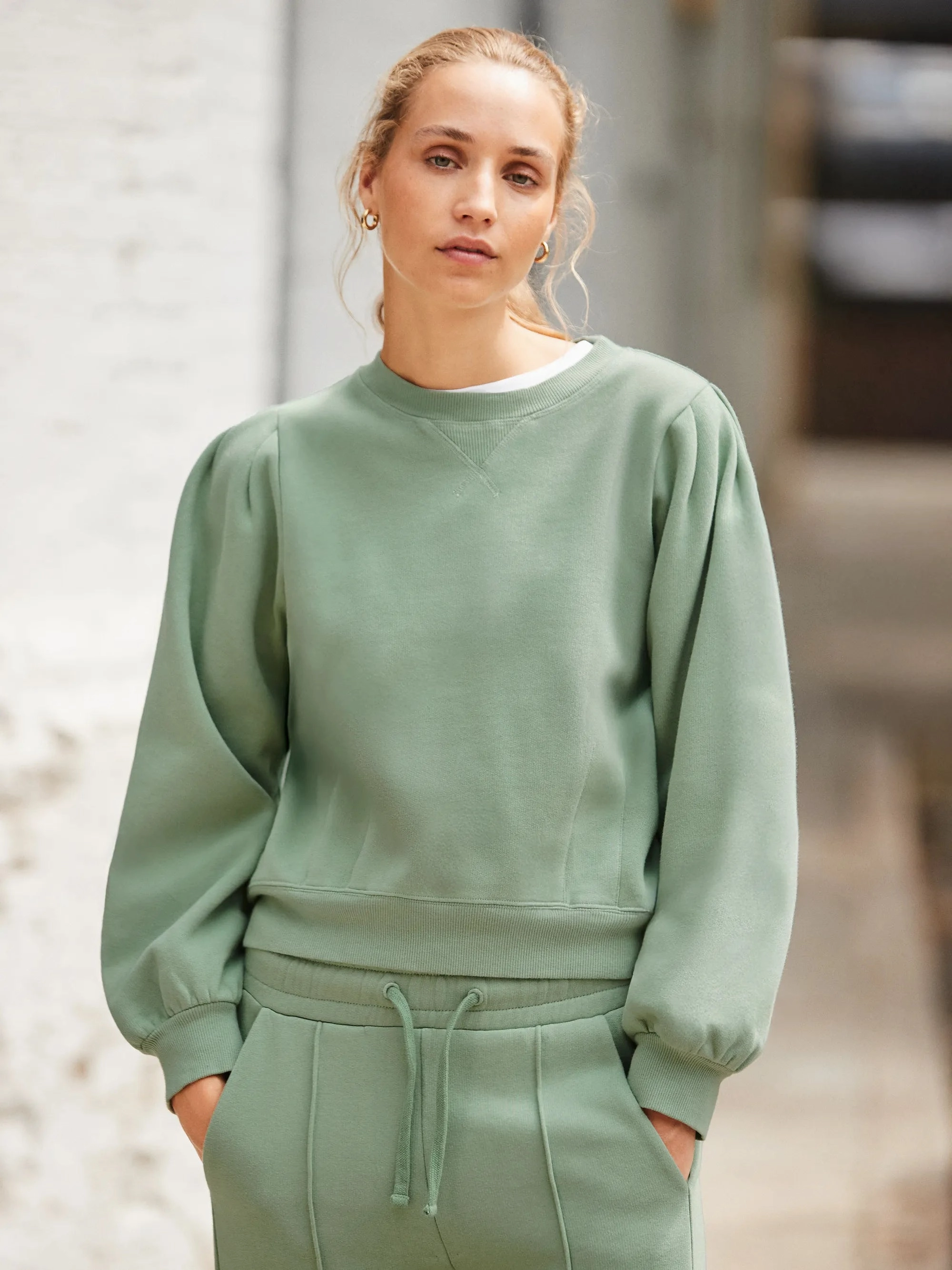 Sage-Green Puff-Sleeved Cotton-Blend Sweatshirt