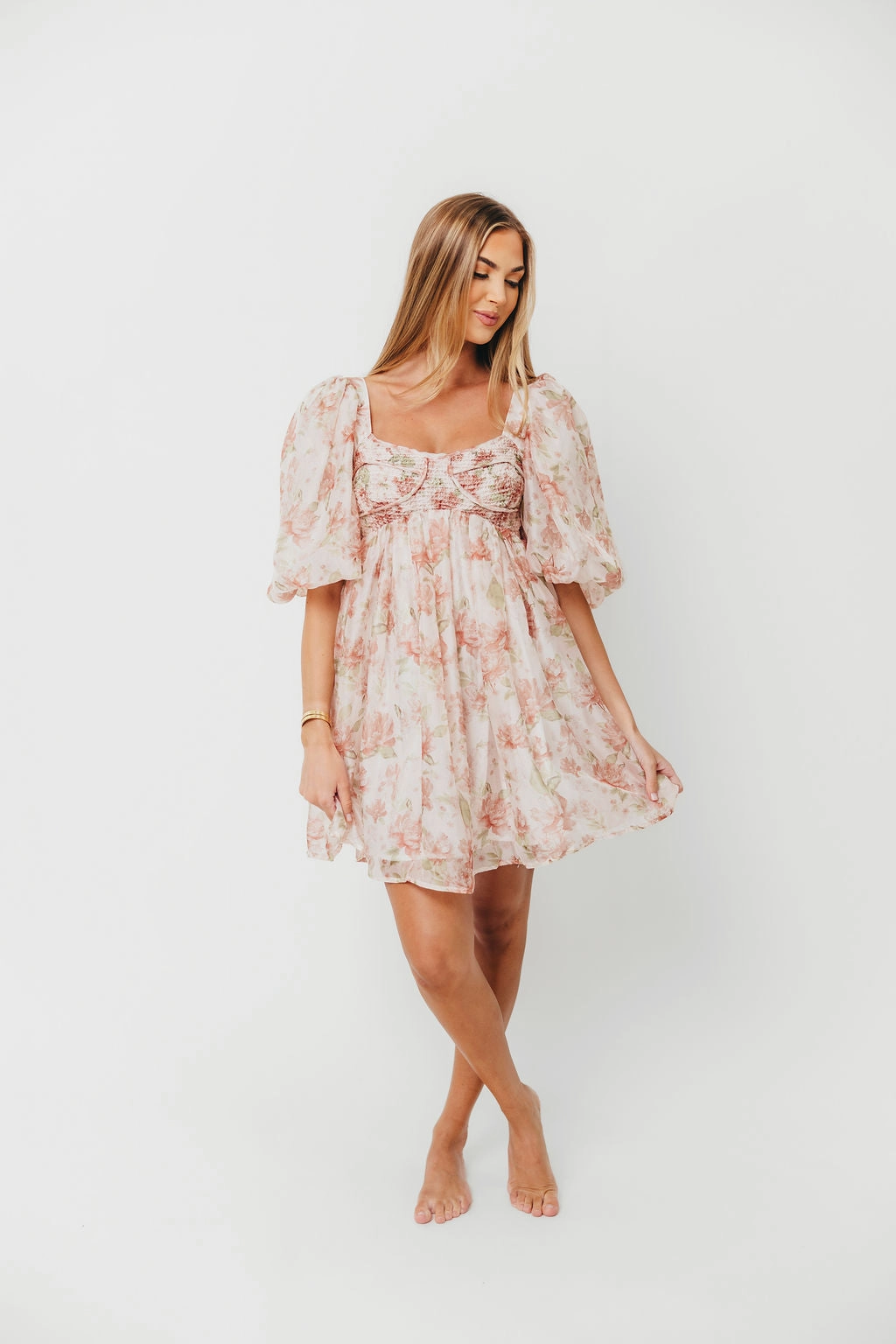 Saint Malo Floral Smocked Mini Dress in Peach *Final-Sale*